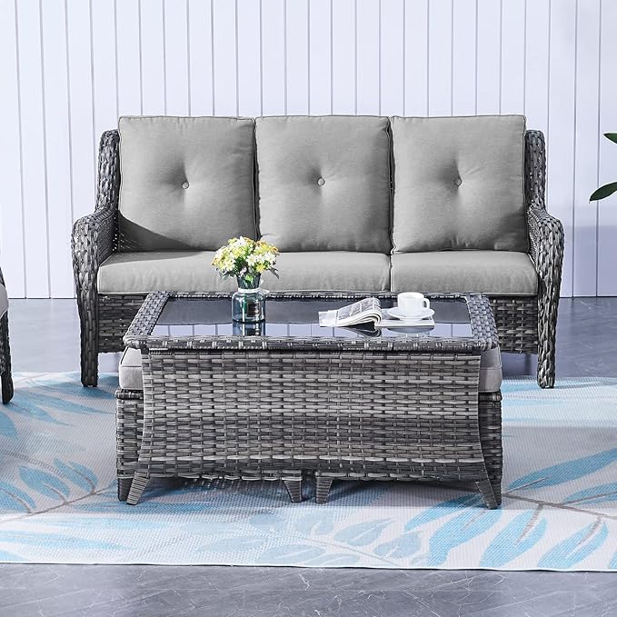 Belord Patio Coffee Table Outdoor Rectangular Glass Table, Handwoven Rattan Patio Furniture Grey Wicker Coffee Table Compatible with Patio Chairs and Sofa Sets for Backyard Sunroom Outside Lawn