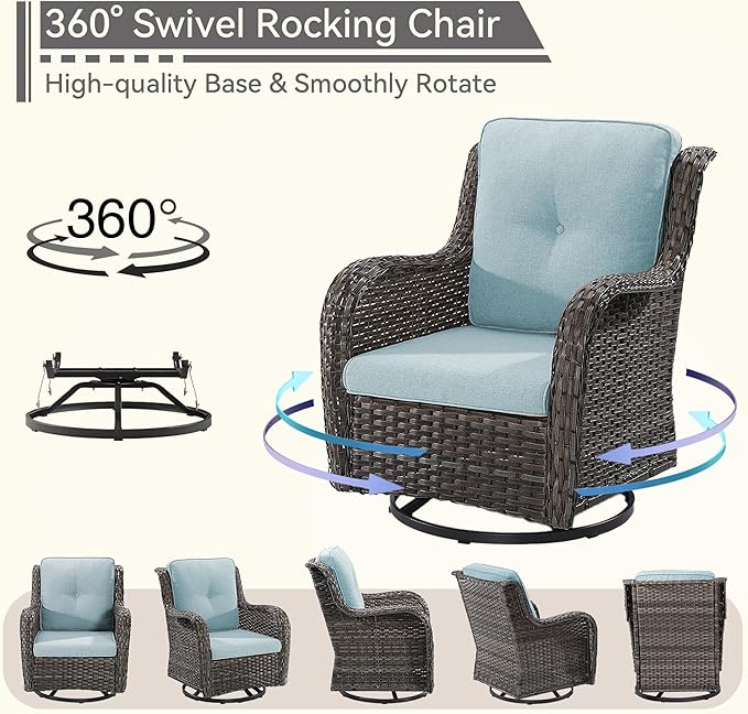 3 Piece Outdoor Wicker Patio Furniture Set, Swivel Rocker Patio Chairs Set with Thickened Olefin Cushions, High Back and Deep Seating, Hand-Woven PE Rattan for Porch, Deck