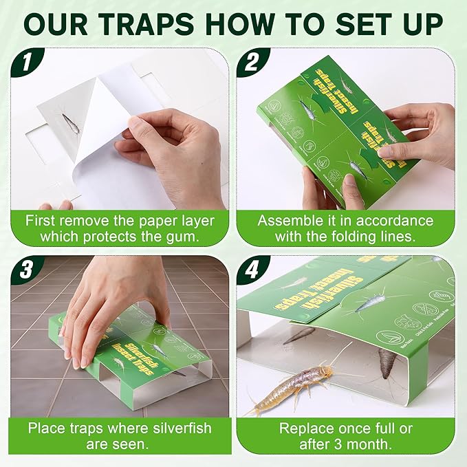 48 Traps Silverfish Trap, 24 Sheets Silverfish Killer Indoor, Non-Toxic Insect Trap with Dual-Color & Pattern Lure for Crawling Insect, Safe for Kids & Pet,Use as 48 Small or 24 Large Detachable Traps