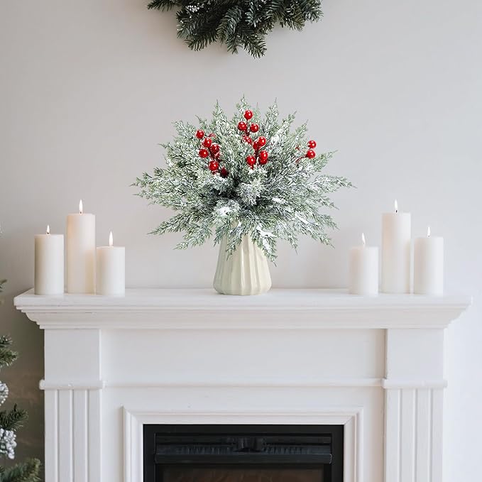 45 Pcs Artificial Christmas Snow Pine Branches with Red Berry Stems, Snowy Faux Greenery Norfolk Pine Cypress Leaves Stems, Berries White Frosted Fake Foliage Pines Needle Picks for Garland Home Decor