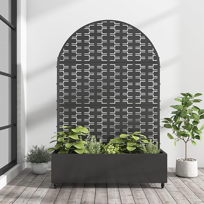 Casaphoria Metal Raised Garden Bed with Trellis and Wheels, 72"x47"x16" Arched Planter Box for Climbing Plants, Vegetables & Vines, Features Drainage Holes and Privacy Screen (Black-Square)