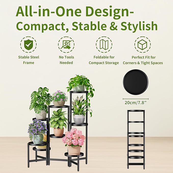 NQW 7 Tiered Metal Corner Plant Stand Indoor Outdoor, Tall Large Folding Rack with Rust Proof 7.9 Inch Wide Tray, Heavy Duty Flower Shelf for Multiple Plants for Patio - BlackDisk