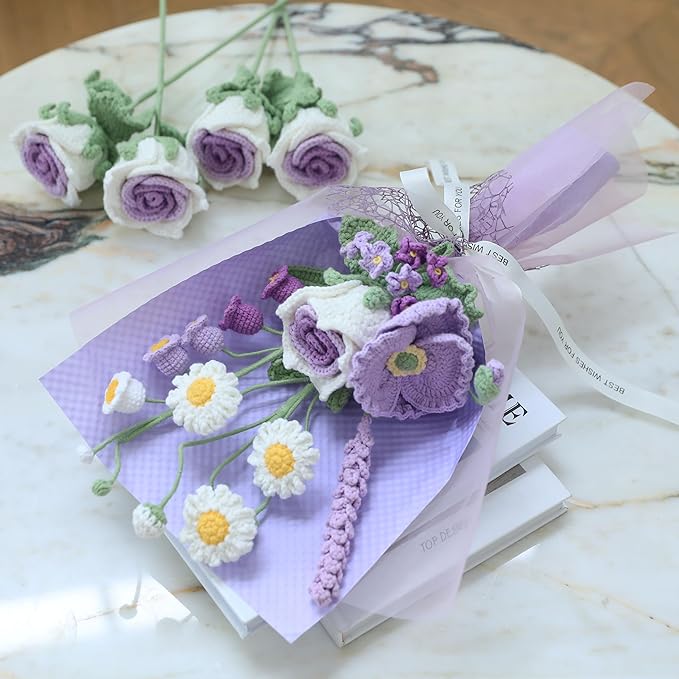 YOOJEE Crochet Purple Ombre Rose Tulip Bouquet Christmas Pet-Safe Handmade Knitted Florals for Women Coworkers Teachers with Greeting Card