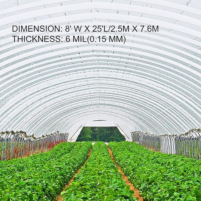 VEVOR Greenhouse Plastic Sheeting 8 x 25 ft, 6 Mil Thickness UV Resistant Clear Polyethylene Film, Hoop Green House Cover for Farms, Agriculture, Garden
