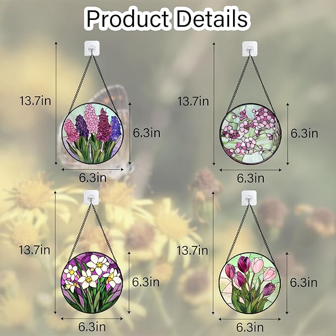 AMDERVEN Stained Glass Window Hanging 4 Pcs Set Tulips Plum Flower Daffodils Hyacinths 6.3" - Suncatcher Door Garden Sun Catcher Decor Birthday Mother's Day for Mom Woman Nana