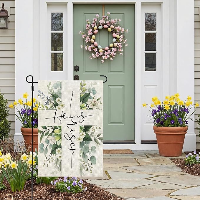 CROWNED BEAUTY Easter Garden Flag He is Risen 12x18 Inch Double Sided Floral Cross Holiday Decoration for Outdoor Lawn Yard