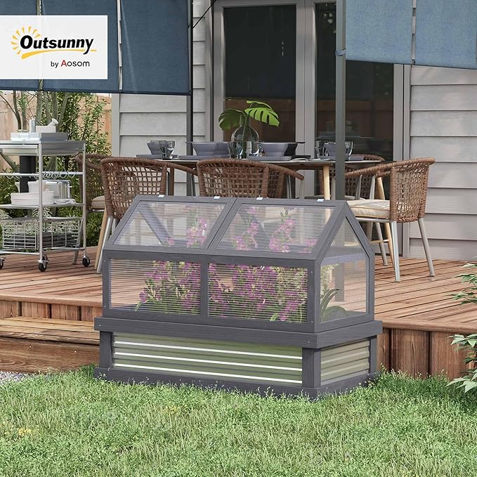Outsunny Raised Garden Bed with Polycarbonate Greenhouse, Wooden Garden Cold Frame Greenhouse, Flower Planter Protection, 48" x 24" x 32", Gray