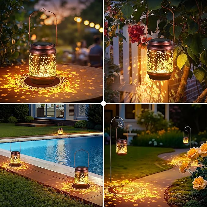 KOOPER Solar Lanterns Outdoor Waterproof Birthday Gifts for Women Mom Grandma, 2 Pack Upgraded Hummingbird Hanging Solar Lantern Lights Outdoor, Metal Outdoor Decoration for Yard (Butterfly and Rose)
