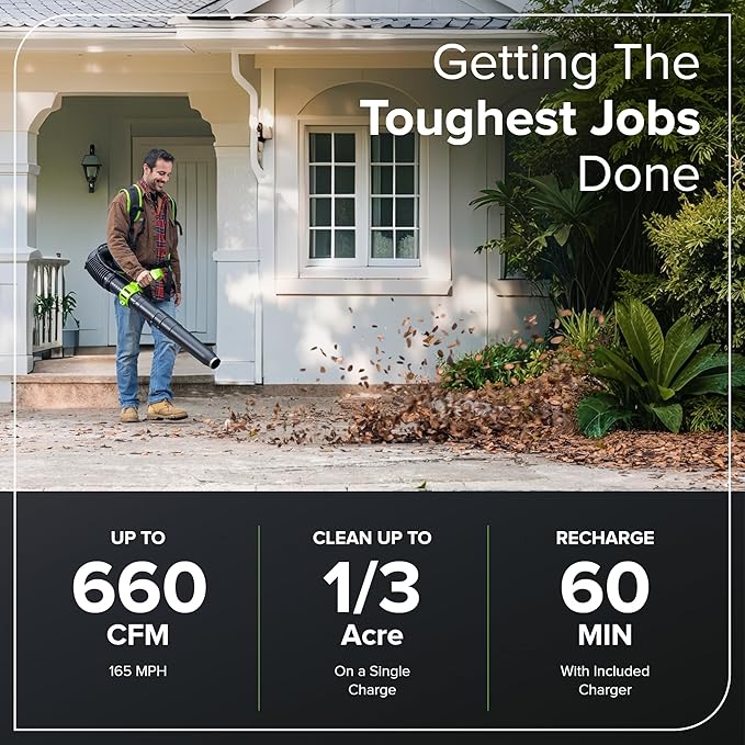 Greenworks 40V (660 CFM / 165 MPH) Brushless Backpack Leaf Blower, Commercial-Grade Power for Yards, Driveways, Patios, Includes 5.0Ah Battery & 5A Rapid Charger