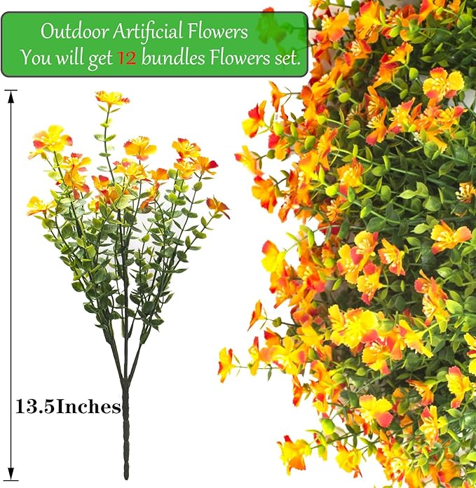 Grunyia 12 Bundles Artificial Fall Flowers for Outdoors, Artificial Plants UV Resistant Fall Fake Mums Plants for Outside Halloween Christmas Porch Decoration ecorations (Orange)