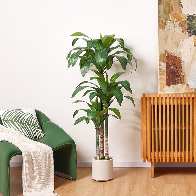 OAKRED Artificial Dracaena Tree 5ft, Tall Fake Dracaena Plants with White Planter, Faux Dragon Tree Indoor Floor Plant for Home Decor Office Living Room Porch Housewarming, 1Pcs