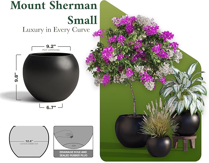 DTY Signature Mount Sherman 12.6''D x 9.8''H Modern Indoor Outdoor Fiberstone Sphere Planter, Durable Round Garden Pot, Weather Resistant, Drainage Hole & Rubber Plug - Small, Black