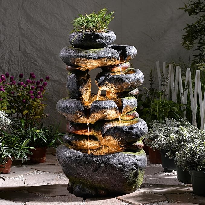 5-Tier Cascading Rock Water Fountain Outdoor, 29.5''Tall Outside Fountains and Waterfalls with Lights for Garden, Patio, Yard, Deck Home Decor with Natural Stone Look