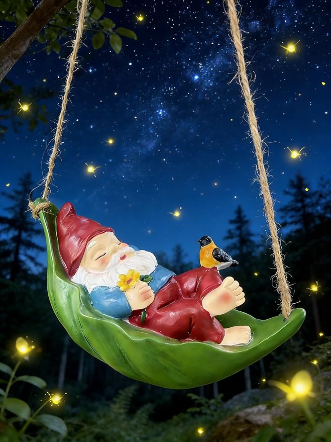 Garden Gnome Outdoor Statues for Garden Decor, Gnome Bird Flowers Resin Hanging Decorations Tree Ornaments Figurines for Outside Backyard Art Decor