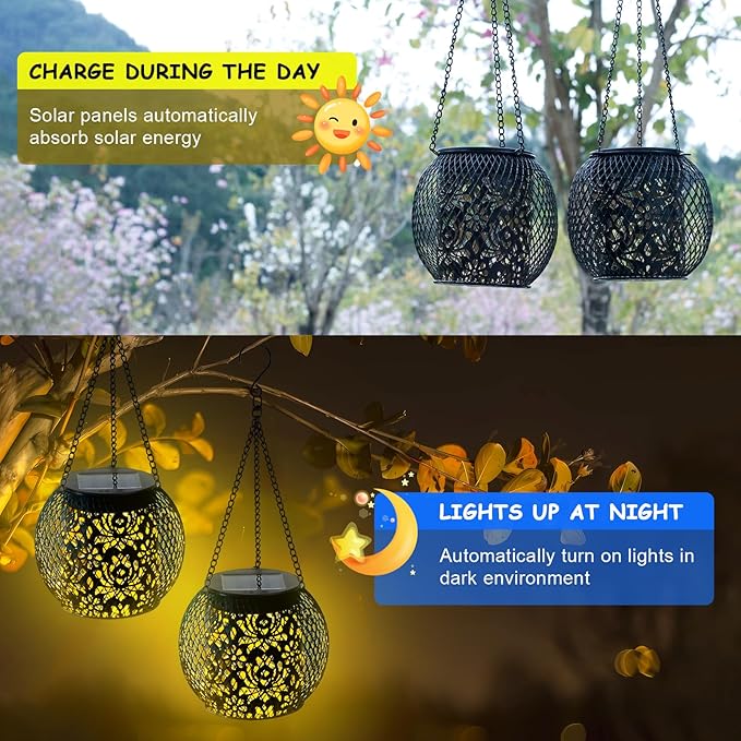 Solar Lanterns Outdoor Waterproof, 2 Pack Hanging Solar Lights Outside Garden Decor, Gifts for Women Mom Grandma Metal Decorative Lantern for Patio Yard Porch Balcony Backyard Lawn(4.6x4.6inch)