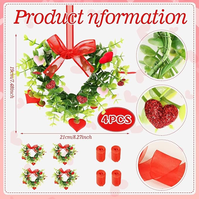 4 Sets Valentine's Day Heart Wreath Artificial Red Berries Heart Swag Kitchen Cabinet Wreaths Hanging Valentines Day Wreaths for Front Door Window Wedding Birthday Home Decoration