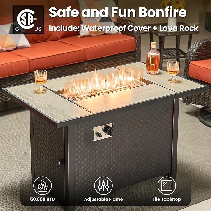 ovios 5 Pieces Patio Furniture Set, Outdoor Wicker Sofa Couch with Swivel Chairs 42" Fire Pit Table, High Back Modern All Weather Conversation Sets, Brown Rattan, Orange Red