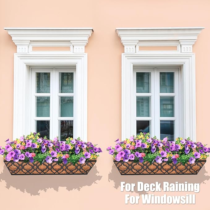 Y&M 24 Inch Window Deck with Coco Liner, Fence Metal Hanging Flower Planter Window Basket Deck Railing Planter Boxes for Outdoor Garden Lawn,6pcs