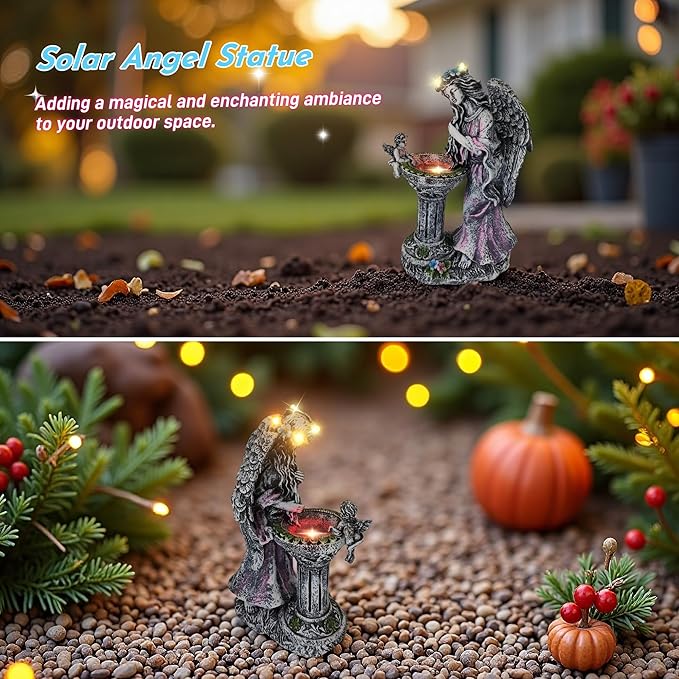 Evursua Garden Angel Decor 12 Inch Solar Fairy Outdoor Statue with Fountain Light Color Changing, Solar Lights Yard Decoration for Front Porch Flowerpot Patio Ornaments, Home Decor Gifts for New Year