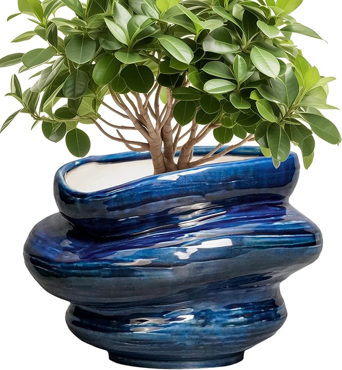 Teagas Ceramic Pots for Plants - 10.6 Inch Ceramic Planter with Drainage Hole, Decorative Planters for Indoor Outdoor, Unique Flower Pots, Garden Office House Decor, Birthday Housewarming Gifts, Blue