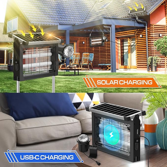 Solar Bug Zapper Outdoor with Projector Lights, 4500V Waterproof Mosquito Zapper, Dual Solar & USB Rechargeable, Smart Dusk to Dawn, Cordless Insect Killer for Patio, Garden, Backyard, Camping