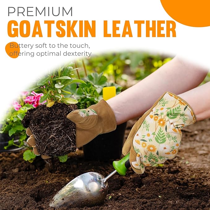 HANDLANDY Work Gloves for Women, Breathable Leather Gardening Glove for Yard Maintenance, Hand Protection with Touch Screen for Gardeners, Farmers