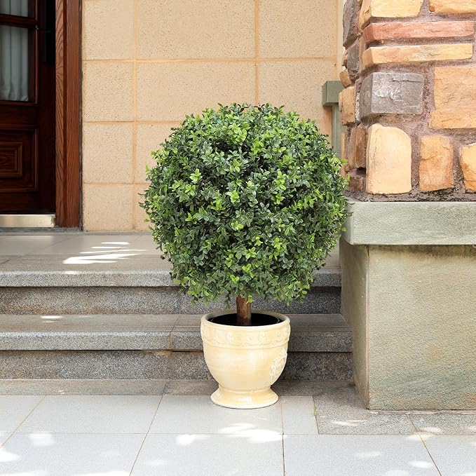 26" Artificial Boxwood Topiary Trees - 19.7" W Large Faux Plants Outdoor for Front Porch Decor, UV-Resistant Potted Shrubs with LED Lights, Realistic Fake Greenery Balls for Patio Entrance, Set of 2