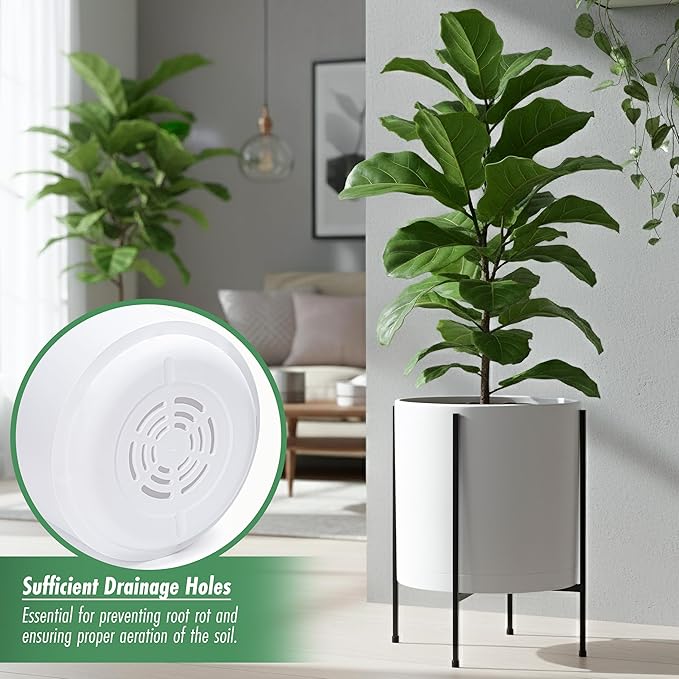 D'vine Dev 14 Inch White Planter Pot with Stand – Modern Plastic Cylinder Flower Pot with Heavy-Duty Metal Stand for Indoor Plants, 55-D-A-4