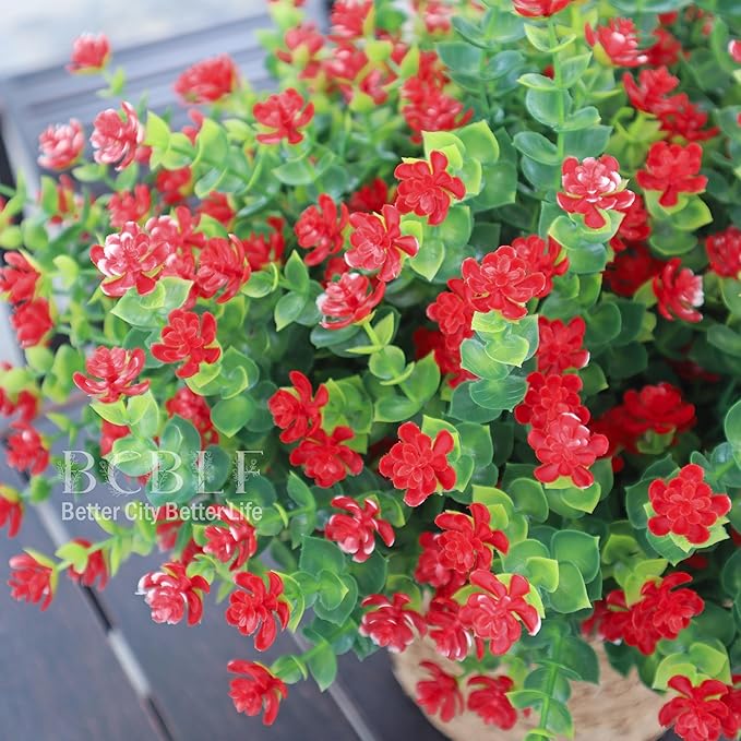 BCBLF Artificial Flowers for Outdoors, 12 Bundles UV Resistant Realistic Faux Plants for Outside Porch Planter, Spring Summer Home Garden Decoration, Red
