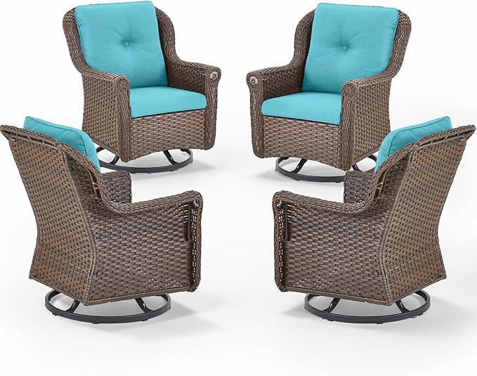 Patio Chairs Outdoor Swivel Glider - Set of 4 High Back Outside Brown Wicker Rattan Rocking Chair with Thick Cushion for Porch Apartment Deck Yard Poolside Garden - Turquoise