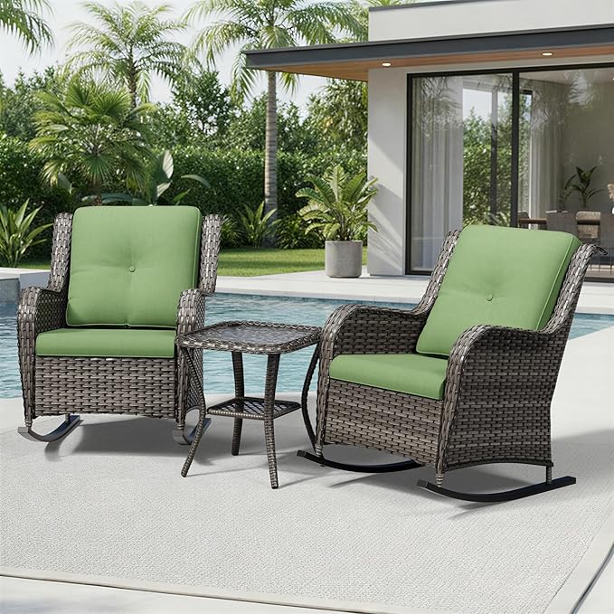 Joyside 3 Piece Wicker Patio Furniture Set, Outdoor Rocking Chair with High Back, Deep Seating, Wide Armrest, Thickened Cushions, Outdoor Rattan Furniture for Deck, Porch Use