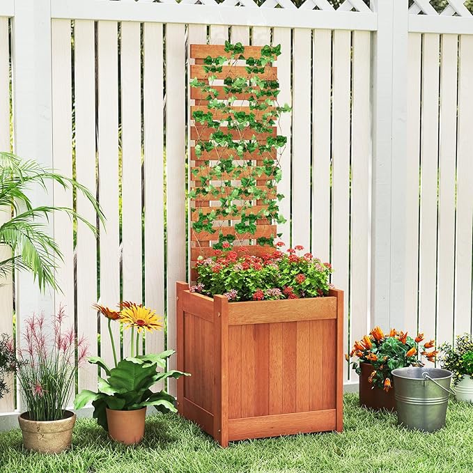 Giantex Set of 2 Wood Raised Garden Bed with Trellis, Outdoor Planter Box w/Open-Ended Base for Vines Flowers Vegetables, Herbs, Freestanding Plant Container Privacy Planters for Patio, Backyard
