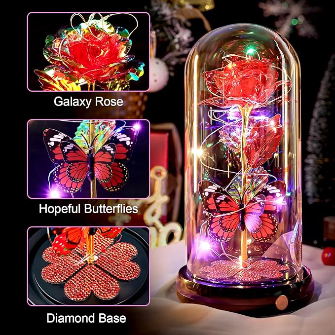 Valentines Day Rose Gifts for Her Birthday Gift for Women, Rechargeable Galaxy Glass Rose in Glass Dome Eternal Crystal Flower Butterfly Gift Valentine Gifts for Women Daughter Mom Wife Girlfriend Red