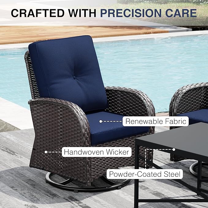 Joyside Outdoor Swivel Rocker Chairs, 3 Piece Wicker Patio Set with Thickened Cushions, High Back, Deep Seating, Wide Armrest, Outdoor Swivel Chairs for Porch, Deck