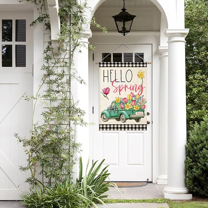 Hello Spring House Flags for Outdoor Decoration, Buffalo Plaid Truck with Flowers Large Yard Flag, Seasonal Decorative Celebration Decor for Farmhouse Holiday Outside 28x40 Inch Vertical