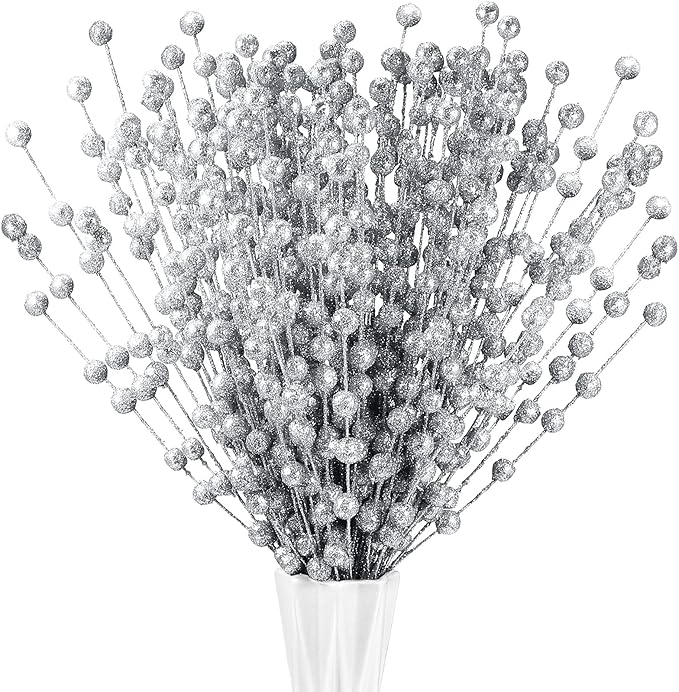Syhood 200 Pcs Glitter Berry Stems, 13.8 Inches Christmas Berry Picks Holly Branches for Christmas Tree Decorations, Holiday Ornaments Home Decor and DIY Crafts(Silver)