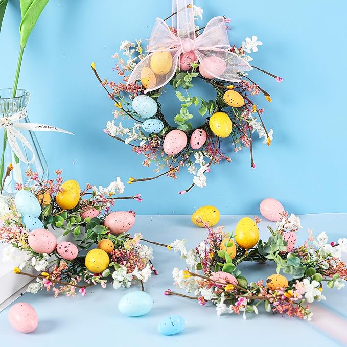 8 Pcs Easter Egg Candle Rings Wreaths Mini Artificial Spring Easter Egg Berry Wreath for Front Door Hanging Kitchen Cabinet Wreath with Ribbon for Porch Wall Window Farmhouse Decor