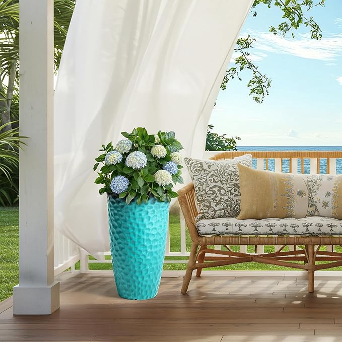 Ultym 23.75" H Large Tall Outdoor Planters, Set of 2 Plastic Large Flower Pots for Outdoor Plants, with Turquoise Teal Honeycomb Texture, Weather-Resistant for Porch, Garden, Patio or Indoor Use