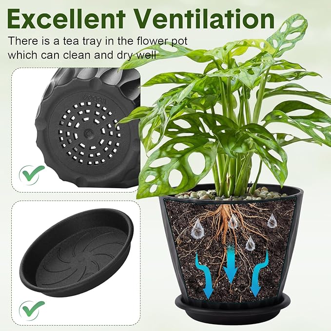 Acellegic 24 Pack 4 Inch Small Pots for Succulents, Waffle Texture Pots with Tray, Plastic Planter with Drainage Holes and Saucers, for Indoor Outdoor Plants Flowers, Seedlings (Black)