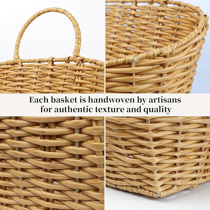 Hanging Wall Basket Handwoven Wicker Basket for Plants, Flowers & Storage, Rustic Farmhouse Wall Decor Organizer, Light Brown Plastic Rattan