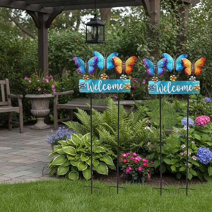 Large Butterfly Garden Stakes 42.1inch with Welcome Sign and Flowers, Butterfly Garden Decor Metal Yard Art for Spring, Lawn Ornaments, Pathway, Outdoor Summer Decorations