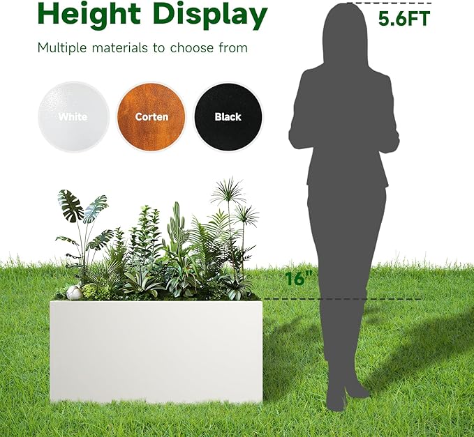 GZLVSOW Galvanized Steel Garden Planter 36” x 12” x 16” White Metal Planter Box Modern Metallic Heavy Planter Indoor & Outdoor, Commercial & Residential (White, L36 x W12 x D16)
