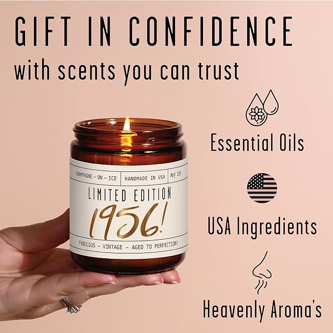 70th Birthday Gifts for Women - 'Limited Edition 1956' Soy Candle, w/Champagne on Ice I Best Gifts for 70 Year Old Woman I 1956 Birthday Gift for Women I 9oz Reusable Jar, 50Hr Burn, Made in USA