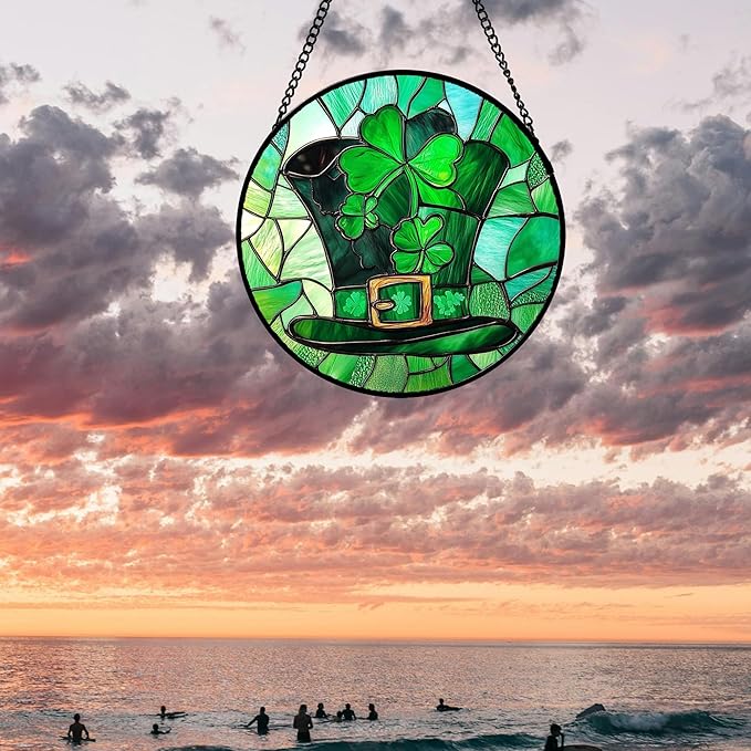 QZQCBLC Stained Glass Window Hanging Green Lucky Clover Hat Large 15" - Suncatcher Door Garden Sun Catcher Ireland Decor Birthday Mother's St. Ripack's Day Gift for Woman Mom Men Friend Nana Wife