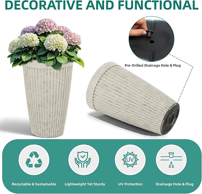 Ultym 20" Resin Tall Planters for Outdoor Plants,Set of 2 Vintage Ivory Large Flower Pots with Handmade Fluted Texture,Heavy-Duty and Weather-Resistant for Porch Christmas Decor,Garden, Patio