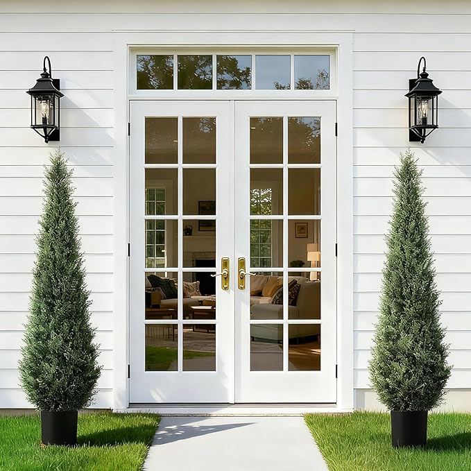 Artificial Trees for Outdoors, BUZIGUBY Artificial Cedar Topiary Trees, 5FT Topiary Trees Artificial Outdoors for Porch, Dense Arborvitae Tree for Front Door Patio Deck Balcony Yard Decor, 2 Pack