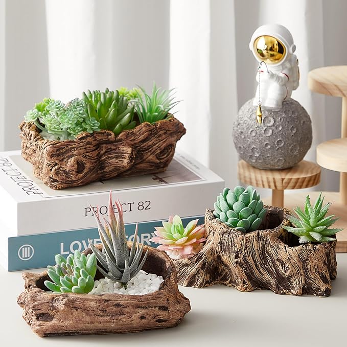 3 Pcs Driftwood Stump Log Concrete Planter Driftwood Planter Succulent Pot Plant Pot for Succulents for Outdoor Indoor Home Patio Garden Decoration (Retro)