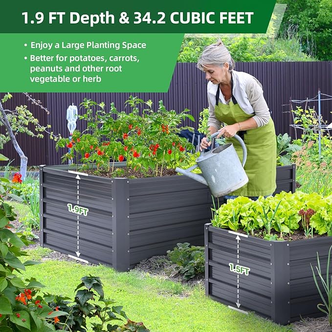 Ohuhu Metal Raised Garden Bed Outdoor 6x3x1.9 FT Reinforced Galvanized Rustproof Colored Steel Planter Boxes for Vegetables, Heavy Duty Raised Beds for Growing Flowers Herbs Succulents