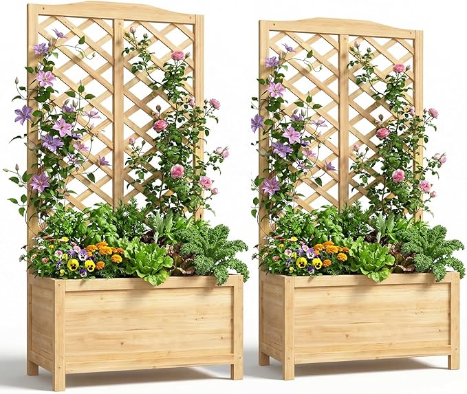 Wooden Raised Garden Bed with Trellis, Freestanding Planter Box with Drainage for Vines Climbing Plants Flowers Herbs, Elevated Gardening Planter for Backyard Balcony Patio
