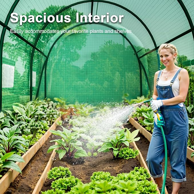 10x7x7 FT Greenhouse for Outdoors with Watering System, Winter Portable GreenHouses with Dual Zippered Door and 6 Roll-up Windows, Large Walk-in Green Houses with Heavy Duty Reinforced Frame